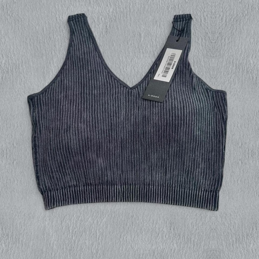 NWT S.Deer Ribbed V Neck Crop Top Shirt Womens L Mineral Wash Grey Bralette